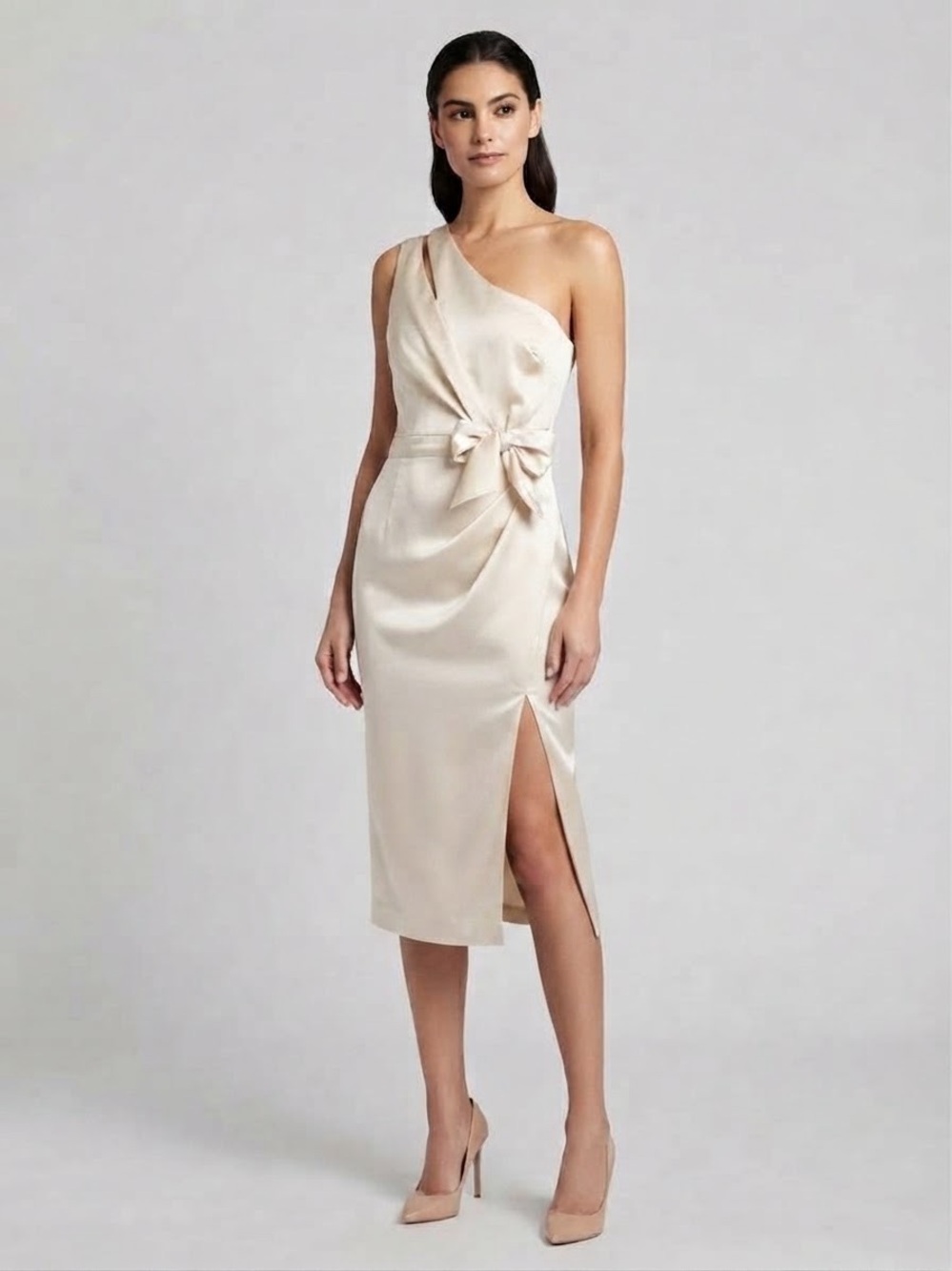 Lavish Alice One-Shoulder Satin-like Midi Dress Champagne Beige Sz 4